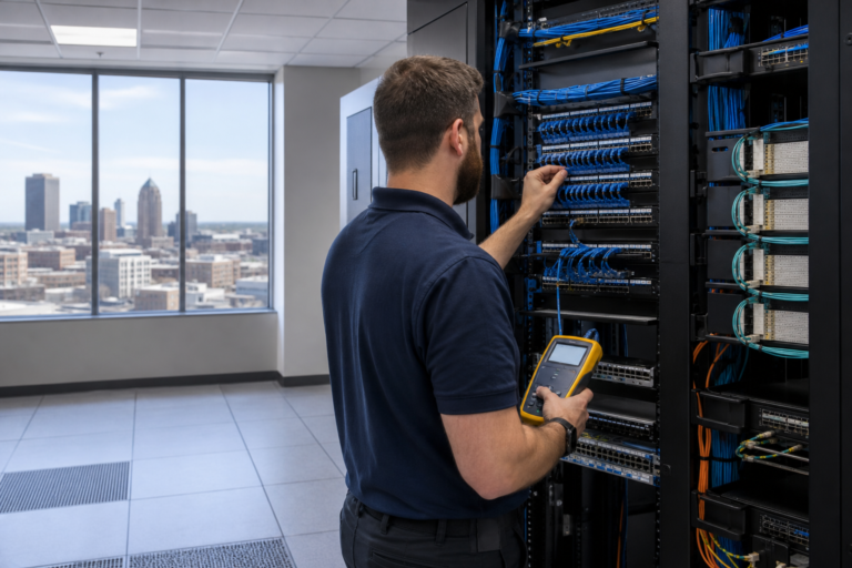 Technician testing organized Data Cabling in a Des Moines, Iowa network room