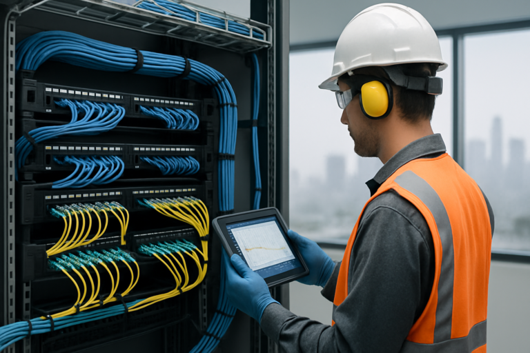 Organized data center cabling with technician testing fiber in Los Angeles setting