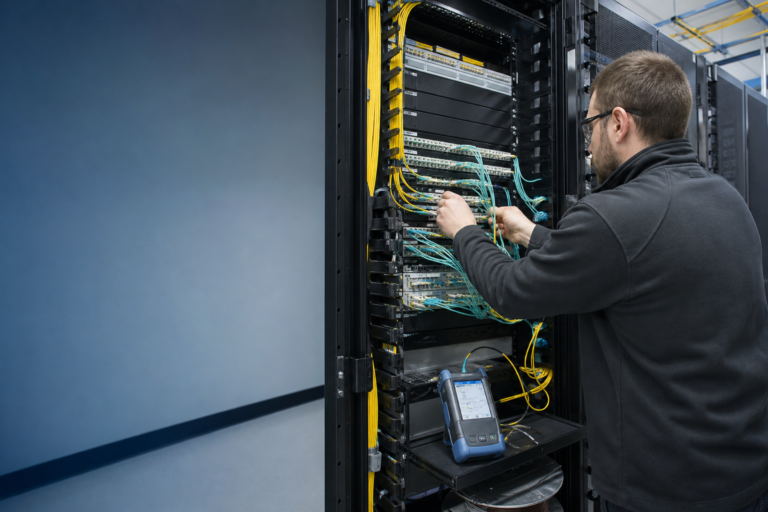 Technician testing organized Data Center Fiber Cabling in Grand Rapids, Michigan