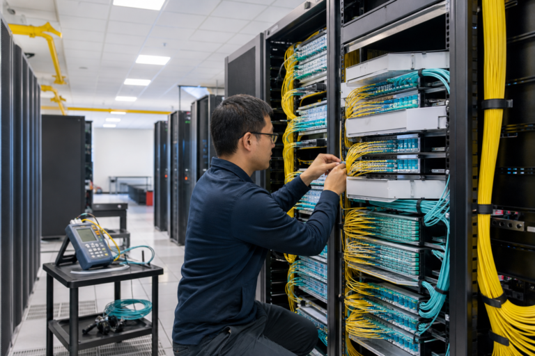 Technician testing organized Data Center Fiber Cabling in Richmond, Virginia