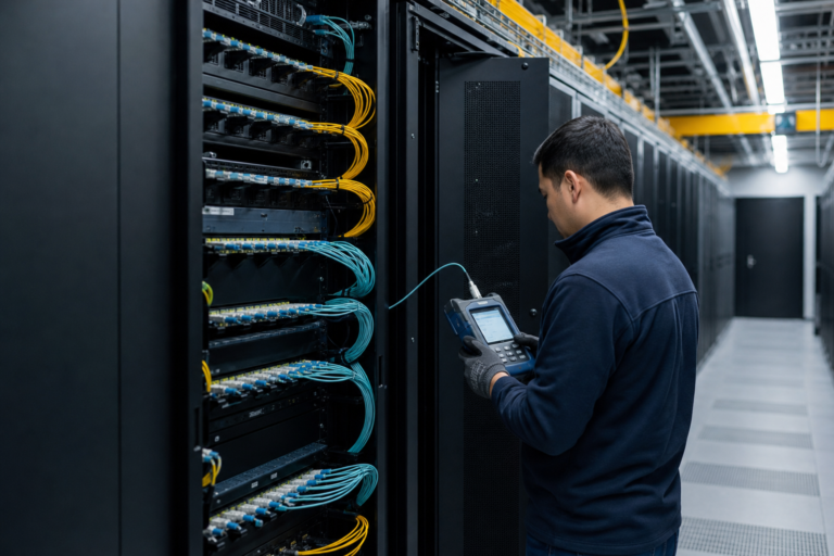 Technician performing Data Center Fiber Cabling in a Toronto, Ontario enterprise facility