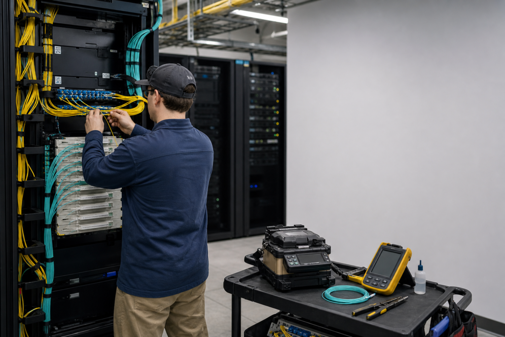 Professional fiber installation technician working in a Grand Rapids, Michigan network facility