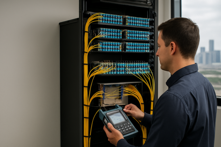 Technician performing enterprise Fiber Installation and testing in Houston, Texas
