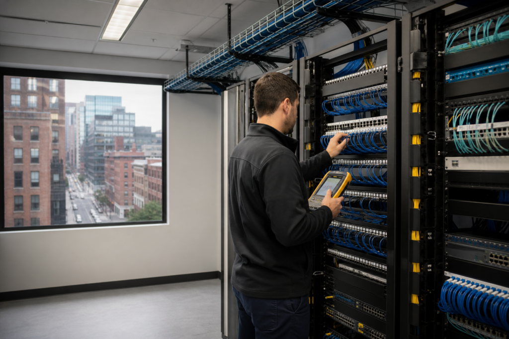 Technician testing organized Low Voltage Cabling in a Boston, Massachusetts network room