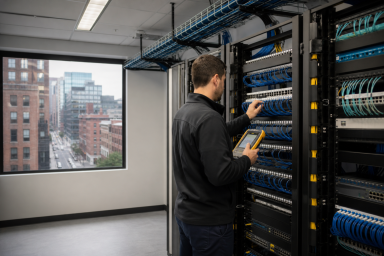 Technician testing organized Low Voltage Cabling in a Boston, Massachusetts network room