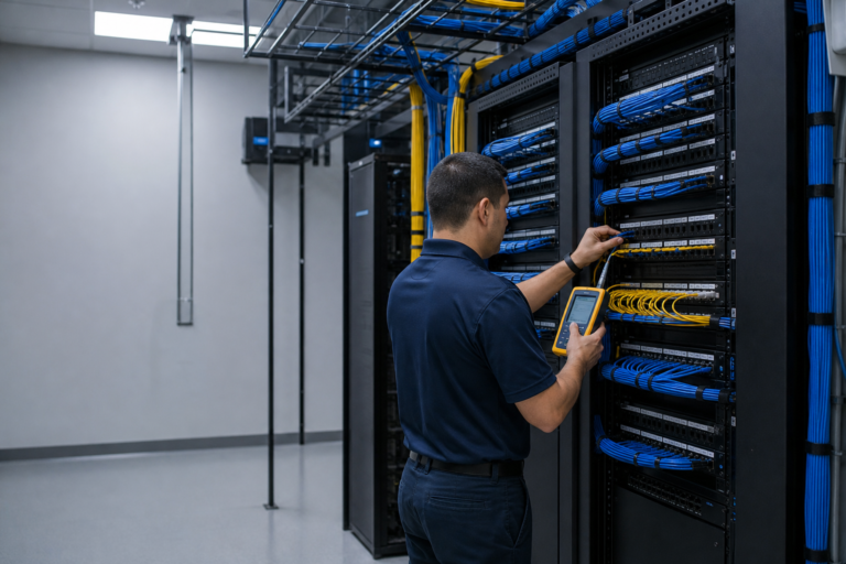 Technician testing organized Low Voltage Cabling in a Chantilly, Virginia telecommunications room