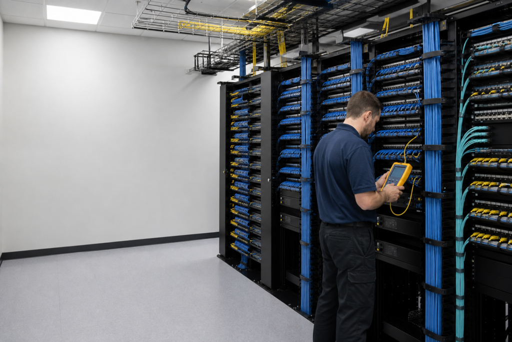 Technician testing organized Low Voltage Cabling in a Northern Virginia telecom room
