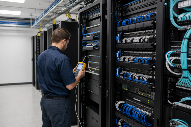 Technician testing organized Network Cabling in a Manassas, Virginia telecommunications room