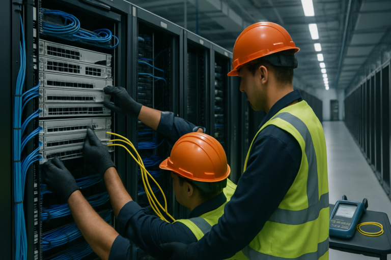 Technician performing network refresh at a data center rack in Ashburn, Virginia