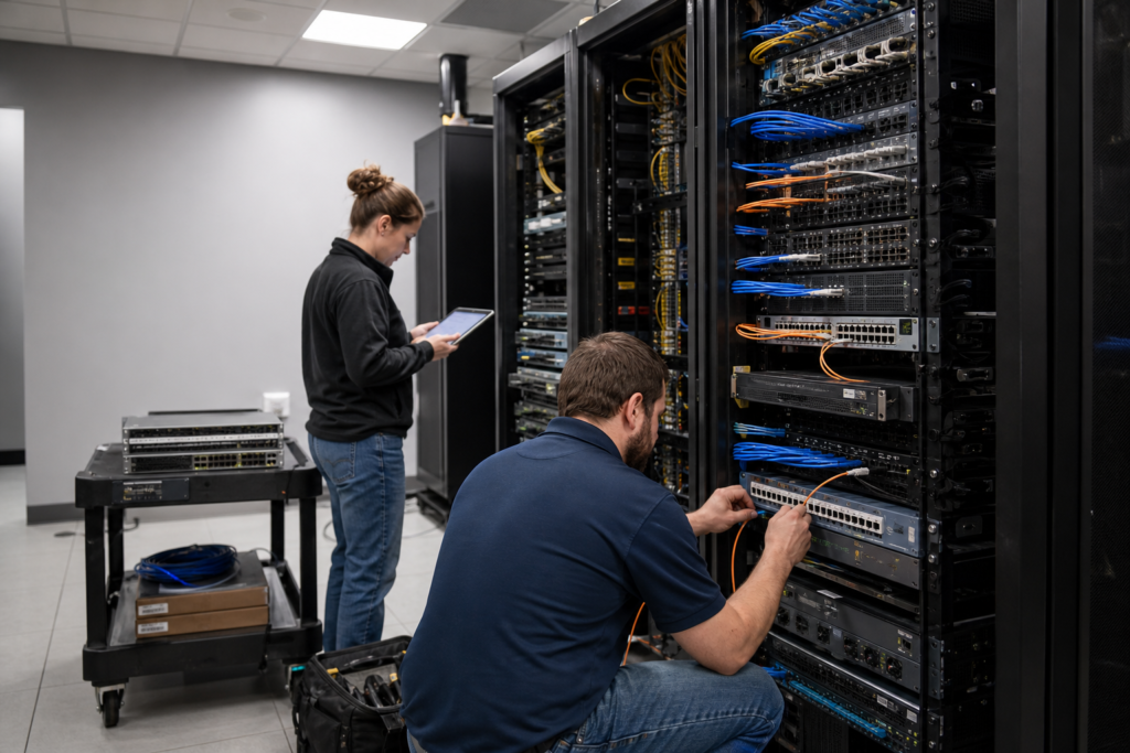 Technicians performing an enterprise Network Refresh in Des Moines, Iowa