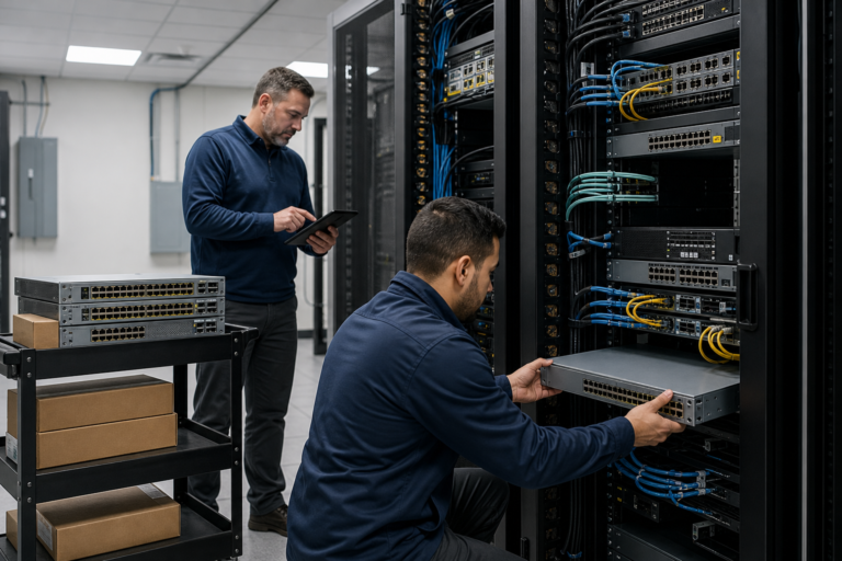 Technicians completing an enterprise Network Refresh in Manassas, Virginia