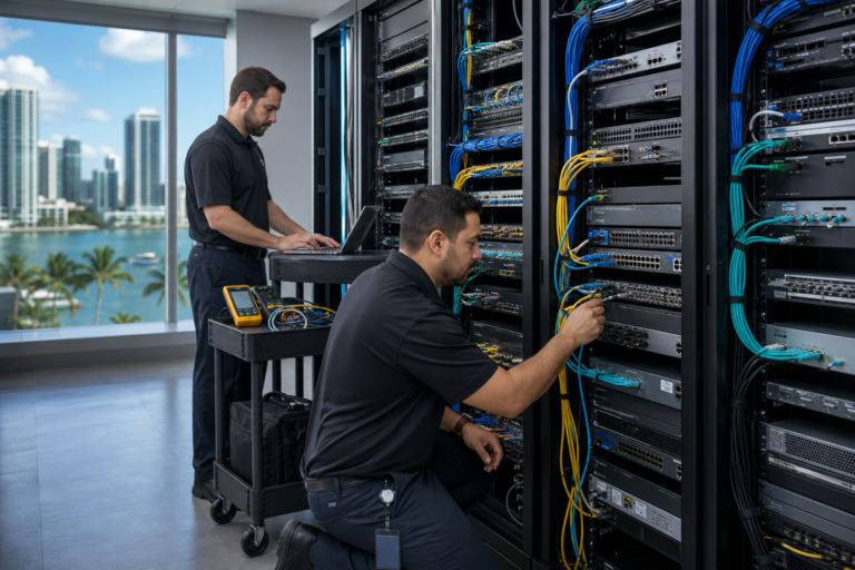 Technicians performing an enterprise Network Refresh in Miami, Florida