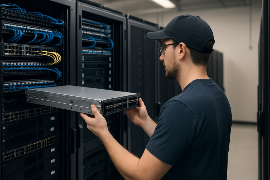 Technician performing Rack & Stack installation in an Ashburn, Virginia data center