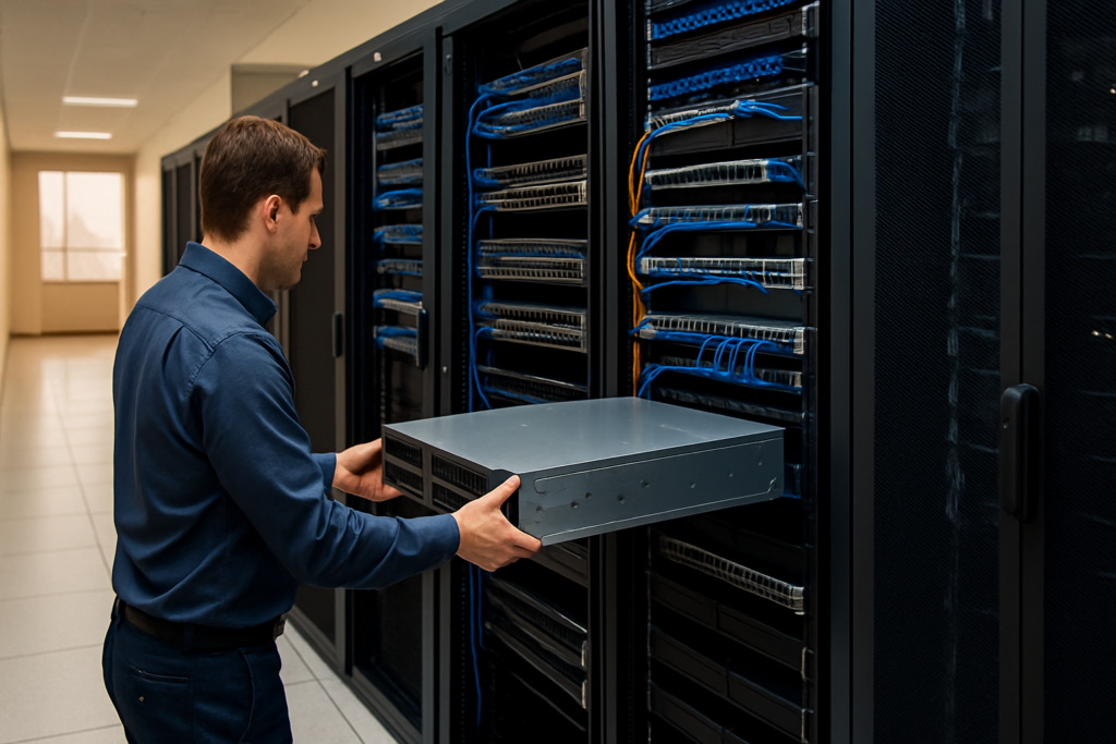 Technician performing Rack & Stack installation in a Dallas, Texas data center