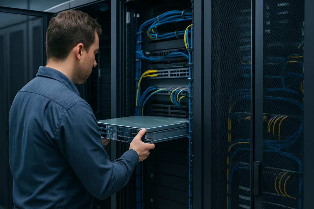 Technician performing Rack & Stack installation in a Houston, Texas data center