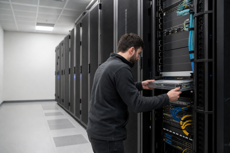 Technician performing enterprise Rack & Stack installation in Salt Lake City, Utah