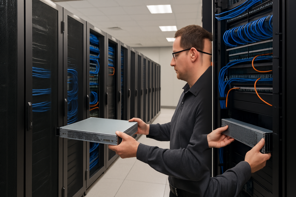 Technician performing enterprise Rack & Stack installation in San Antonio, Texas