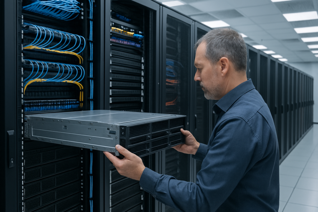 Technician performing enterprise Rack & Stack installation in a Toronto, Ontario data center