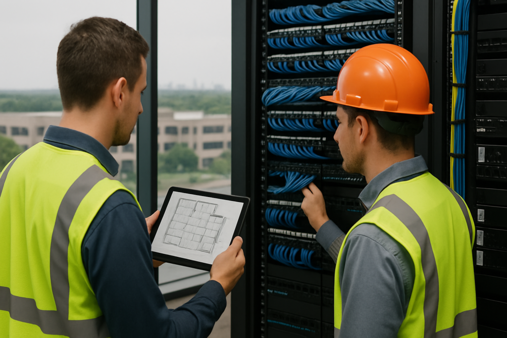 Technician conducting a site survey at a data center rack with tablet in Ashburn, Virginia