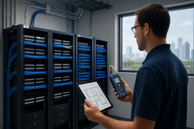 Technician conducting professional Site Surveys in a Houston, Texas network facility