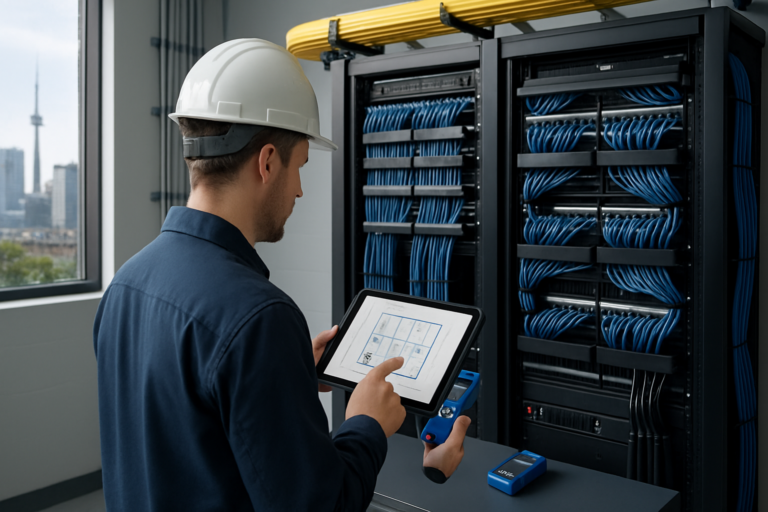 Technician performing enterprise Site Surveys in a Toronto, Ontario telecommunications room