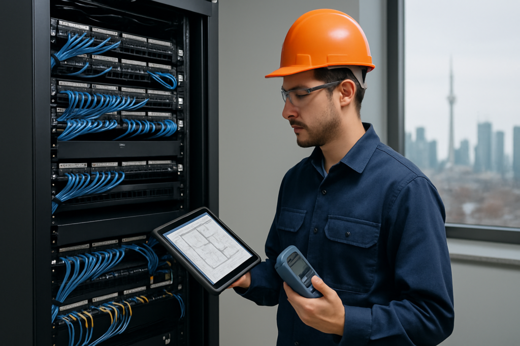 Technician conducting enterprise Site Surveys in a Toronto, Ontario network facility