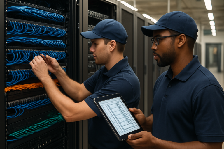 Technicians performing Smart Hands rack work in a data center Texas
