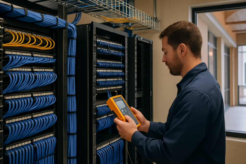 Technician testing enterprise Structured Cabling in an Austin, Texas telecommunications room