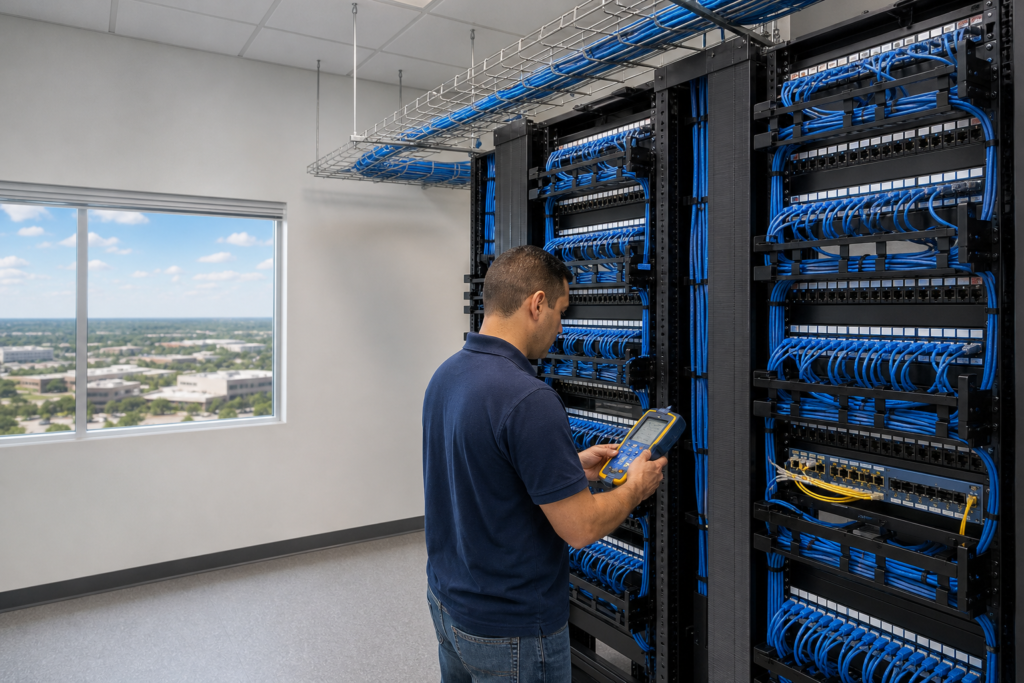 Professional Structured Cabling installation and testing in a Frisco, Texas telecommunications room