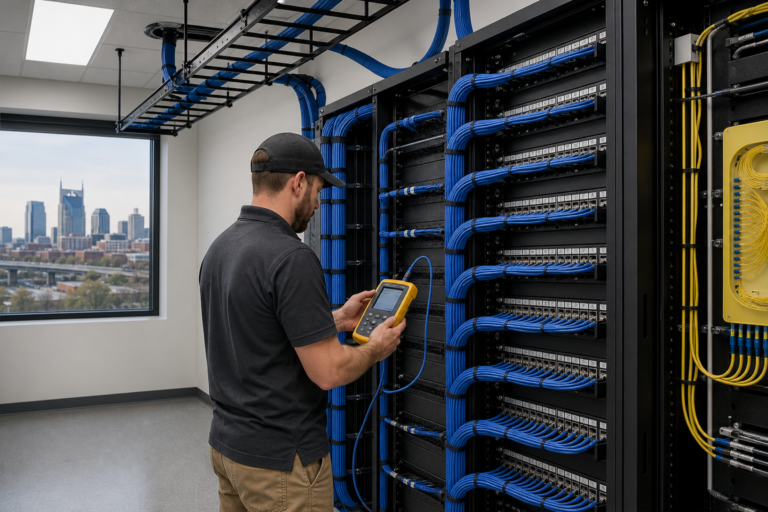 Technician testing organized Structured Cabling in a Nashville, Tennessee telecommunications room