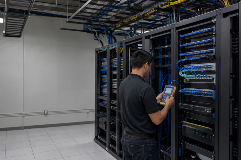 Technician testing organized Structured Cabling in a Northern Virginia telecommunications room