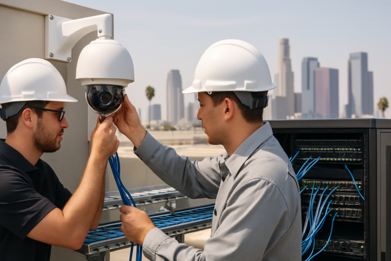 Technicians installing IP CCTV camera on rooftop in Los Angeles with skyline in background