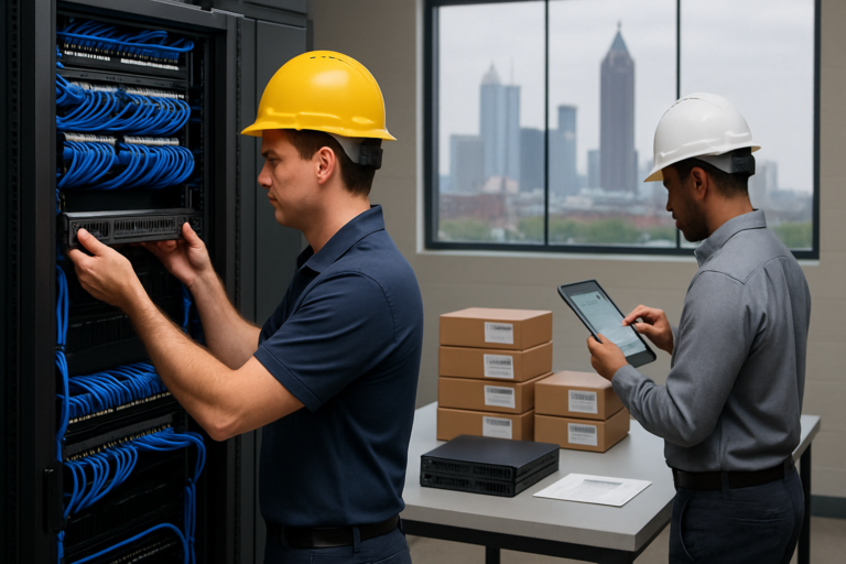 Technicians performing multi-site rollouts rack installation with Atlanta skyline in background
