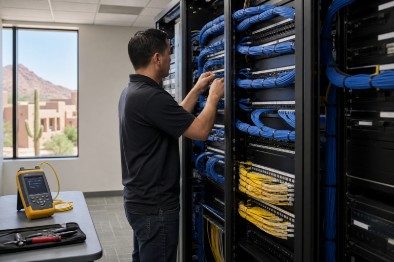 Technician installing organized Voice and Data Cabling in a Mesa, Arizona telecom room